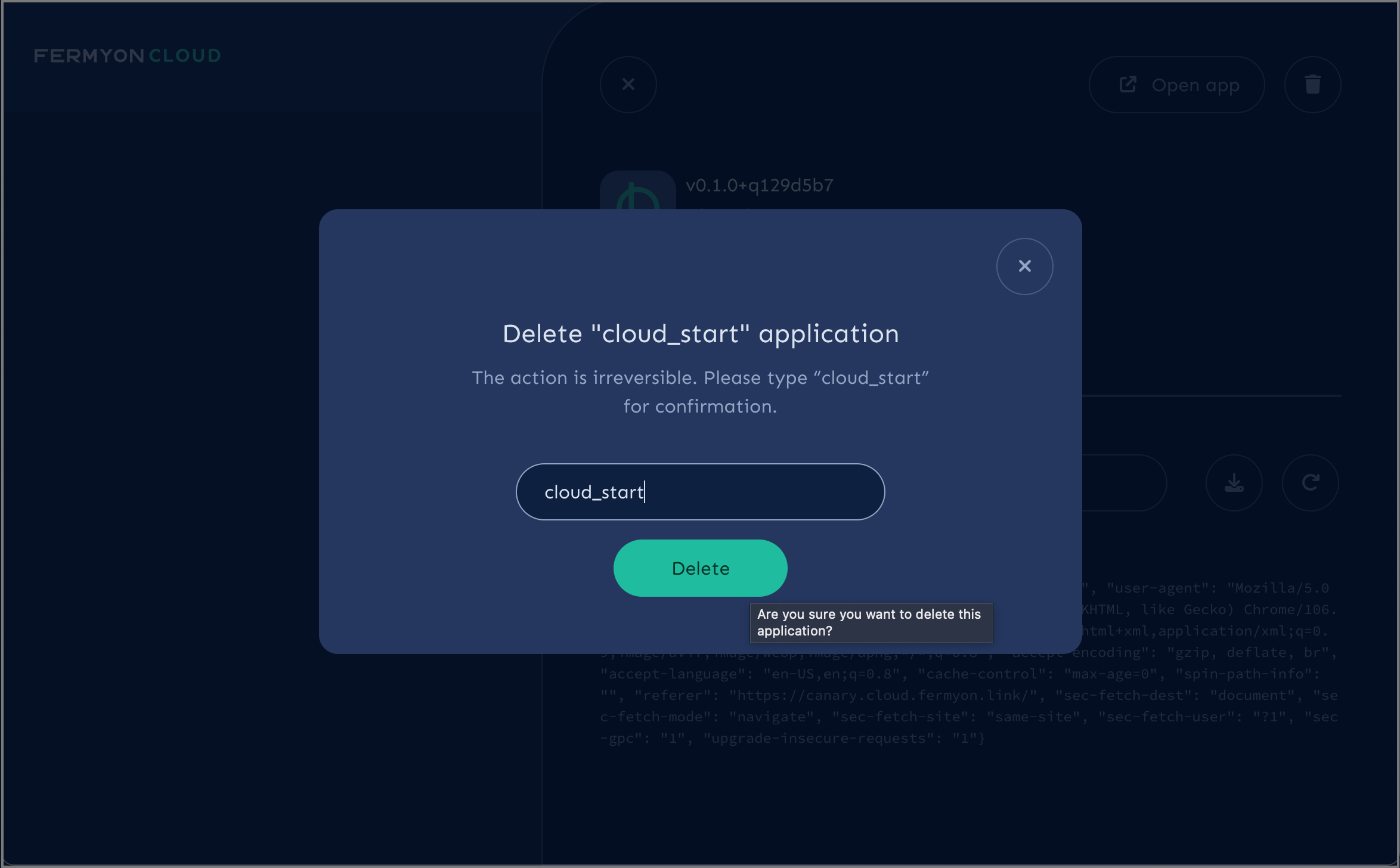Fermyon Cloud delete application confirmation dialog